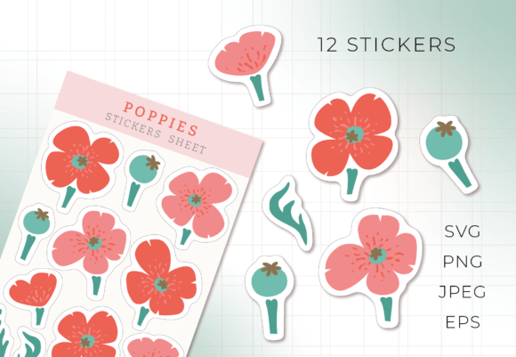 Printable Stickers Sheet POPPY FLOWERS